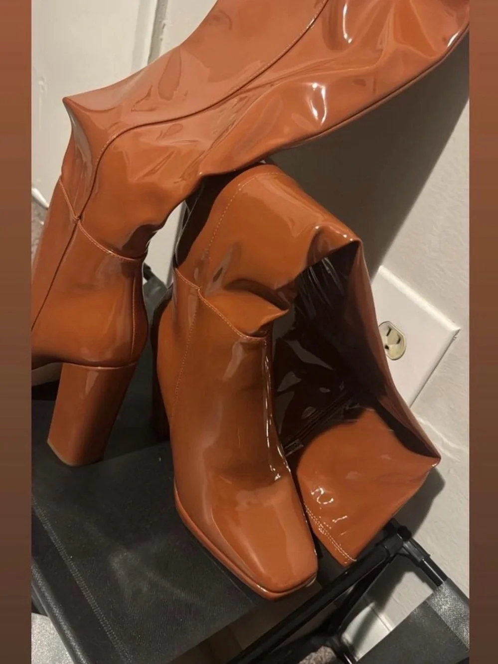Patent Leather Thigh-High Block Heel Boots in Rich Cognac